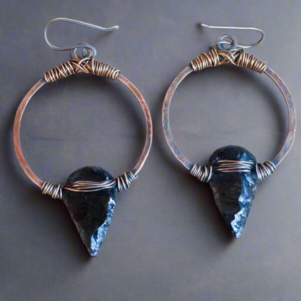 Product Image: Black Obsidian Arrowheads on Copper Hoops Earrings