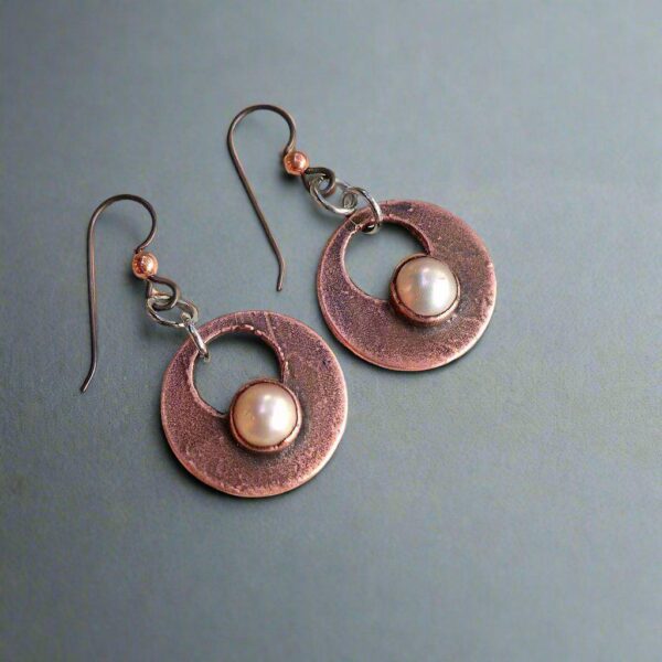 Product Image: Handcrafted Pearl Drop Earrings with Copper Design Elegance