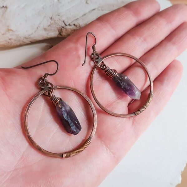 Product Image: Raw Amethyst Copper Hoop Earrings with Unique Wire Wrap Beauty