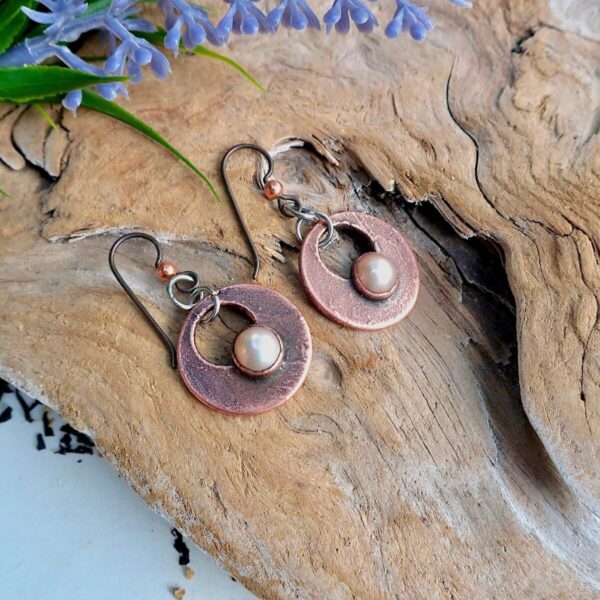 Product Image: Handcrafted Pearl Drop Earrings with Copper Design Elegance