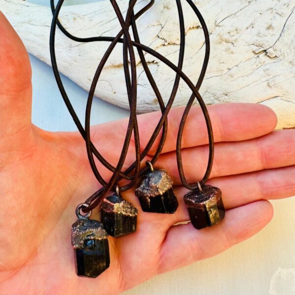 Product Image: Raw Black Tourmaline Necklace with Copper Leather Pendant for Protection