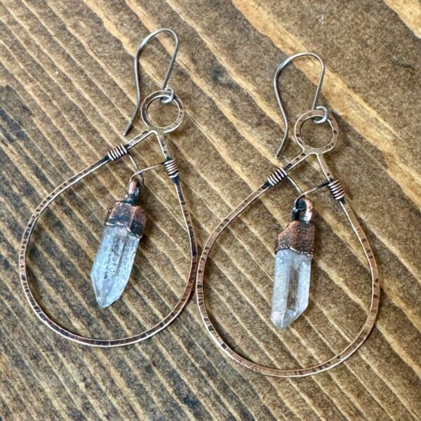 Product Image: Handcrafted Quartz Point Earrings with Copper Hoops