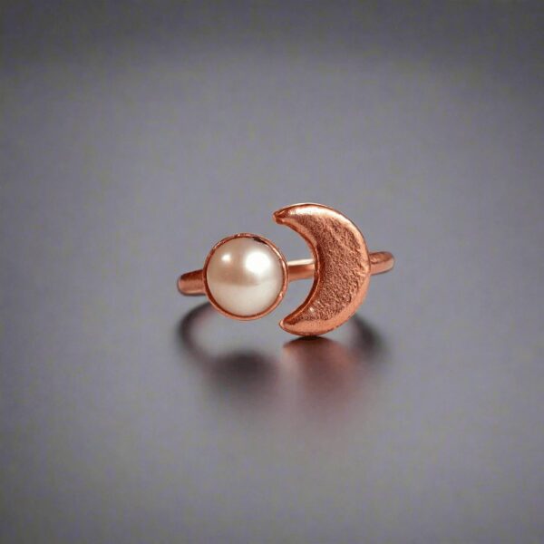 Product Image: Electroformed Copper Ring With Pearl and Crescent Moon Charm
