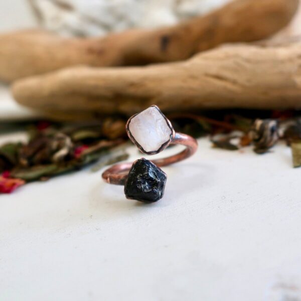 Product Image: Raw Black Tourmaline and Raw Moonstone Twist Copper Ring
