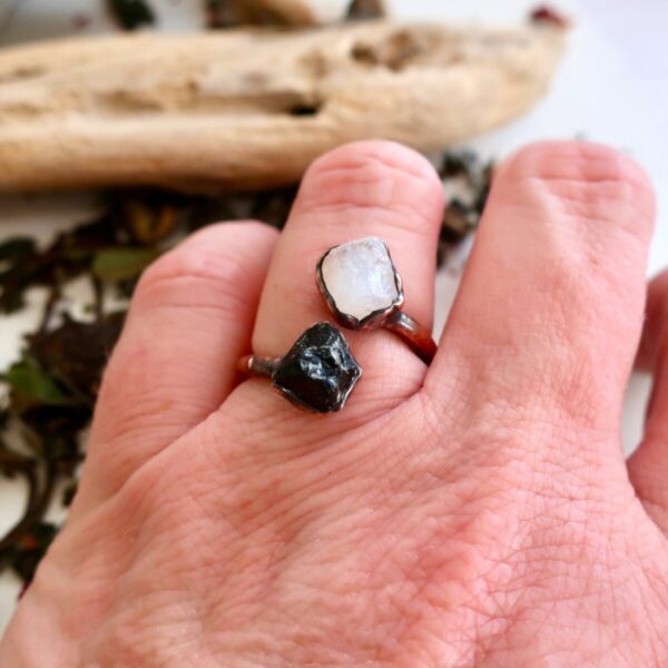 Product Image: Raw Black Tourmaline and Raw Moonstone Twist Copper Ring