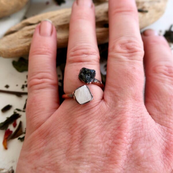 Product Image: Raw Black Tourmaline and Raw Moonstone Twist Copper Ring