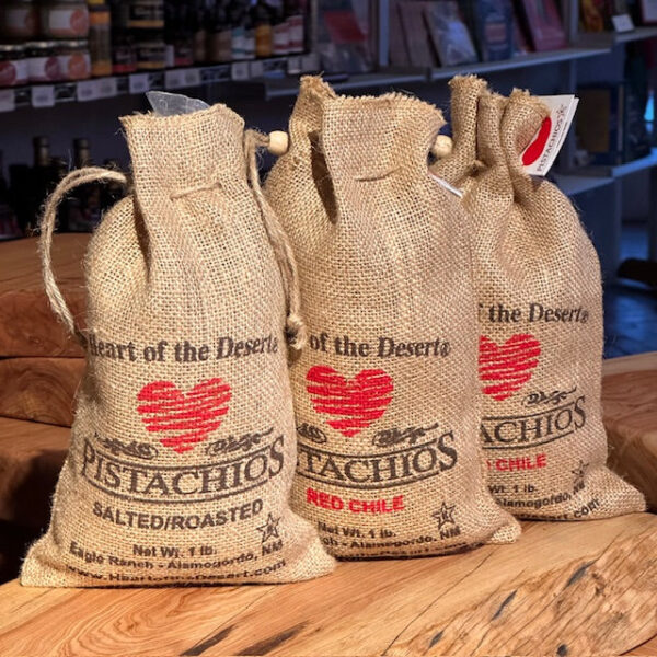 Product Image: Pistachios 1-lb Burlap Bag – Choose Roasted & Salted, Green Chile or Red Chile