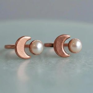 Product Image: Crescent Moon Pearl Ring — Handcrafted Copper Crystal Jewelry for Calm