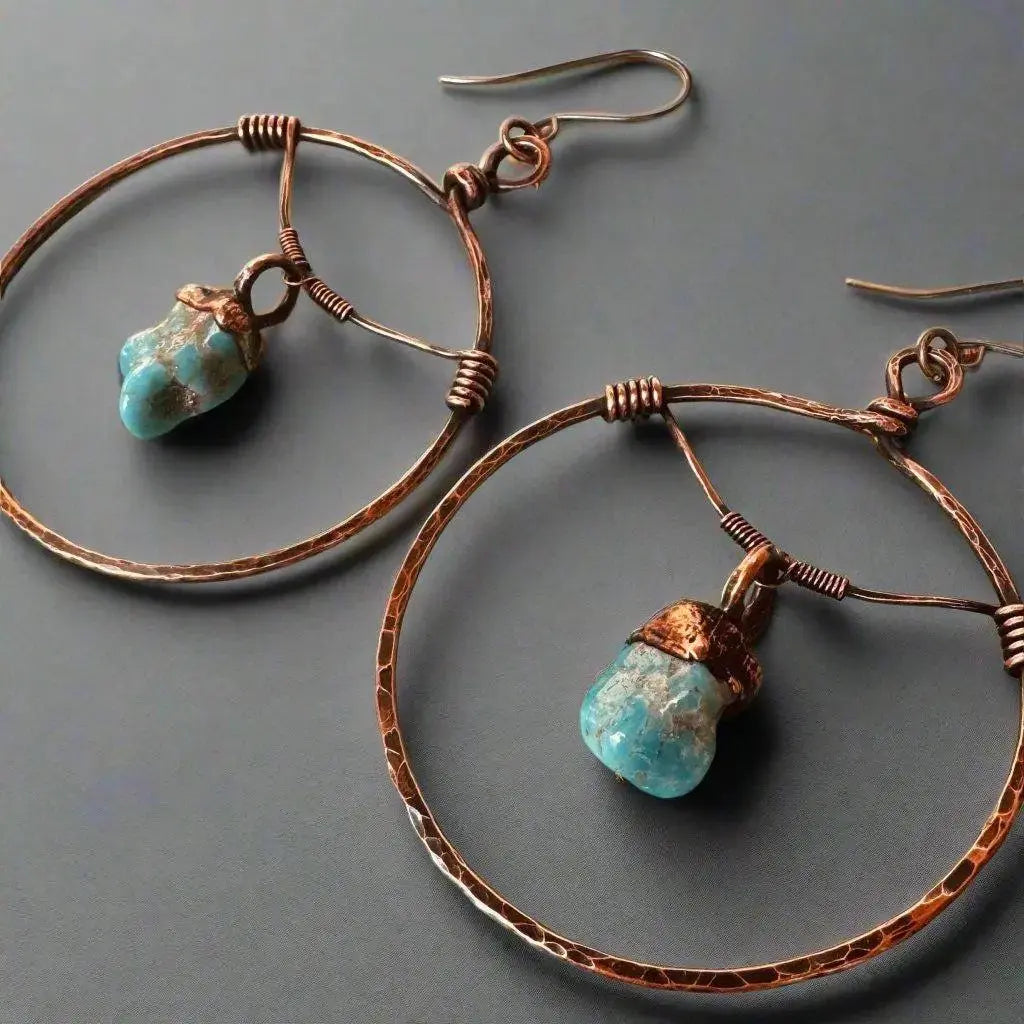 Santa Fe Marketplace Raw Turquoise Copper Hoops – Statement | Handmade by Blackbird & Sage Product Image: Raw Turquoise Copper Hoops – Statement | Handmade by Blackbird & Sage
