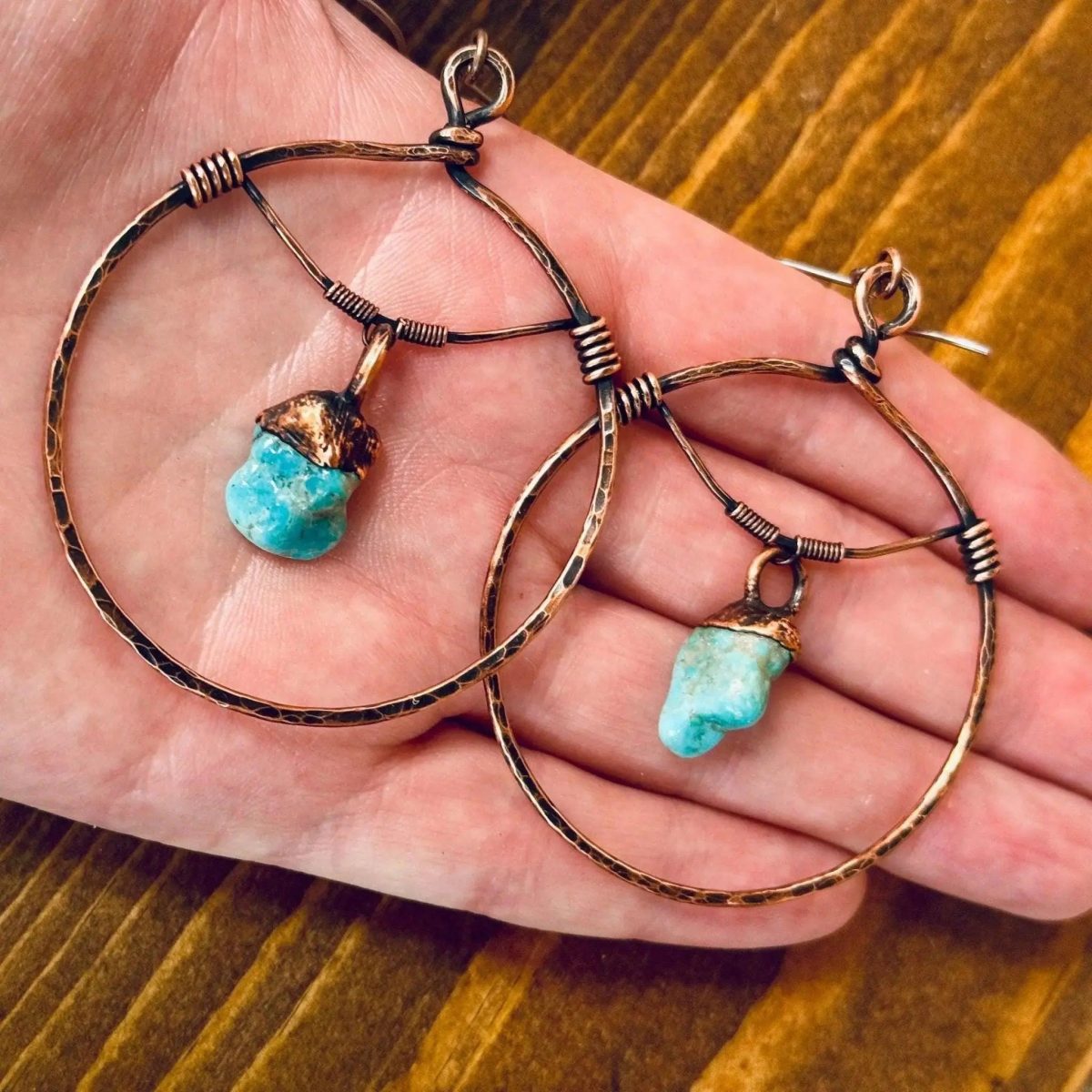 Santa Fe Marketplace Raw Turquoise Copper Hoops – Statement | Handmade by Blackbird & Sage Product Image: Raw Turquoise Copper Hoops – Statement | Handmade by Blackbird & Sage