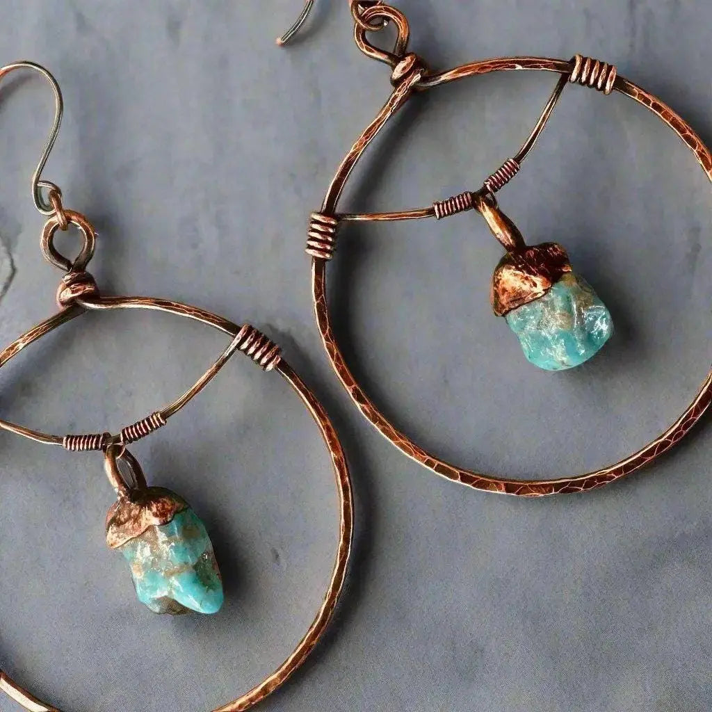 Santa Fe Marketplace Raw Turquoise Copper Hoops – Statement | Handmade by Blackbird & Sage Product Image: Raw Turquoise Copper Hoops – Statement | Handmade by Blackbird & Sage
