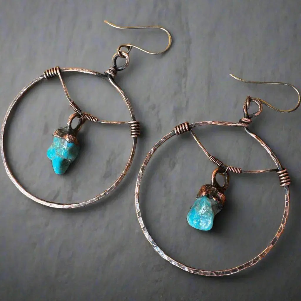 Santa Fe Marketplace Raw Turquoise Copper Hoops – Statement | Handmade by Blackbird & Sage Product Image: Raw Turquoise Copper Hoops – Statement | Handmade by Blackbird & Sage