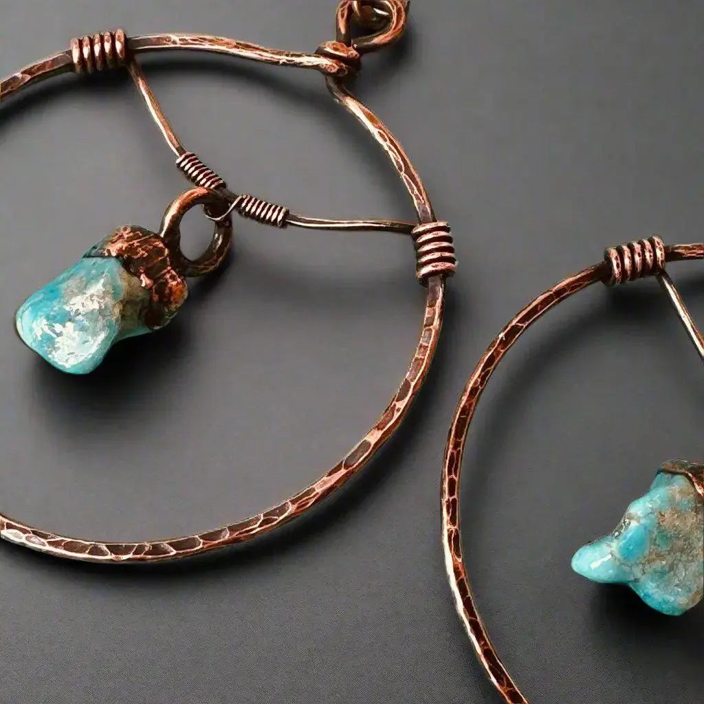 Santa Fe Marketplace Raw Turquoise Copper Hoops – Statement | Handmade by Blackbird & Sage Product Image: Raw Turquoise Copper Hoops – Statement | Handmade by Blackbird & Sage