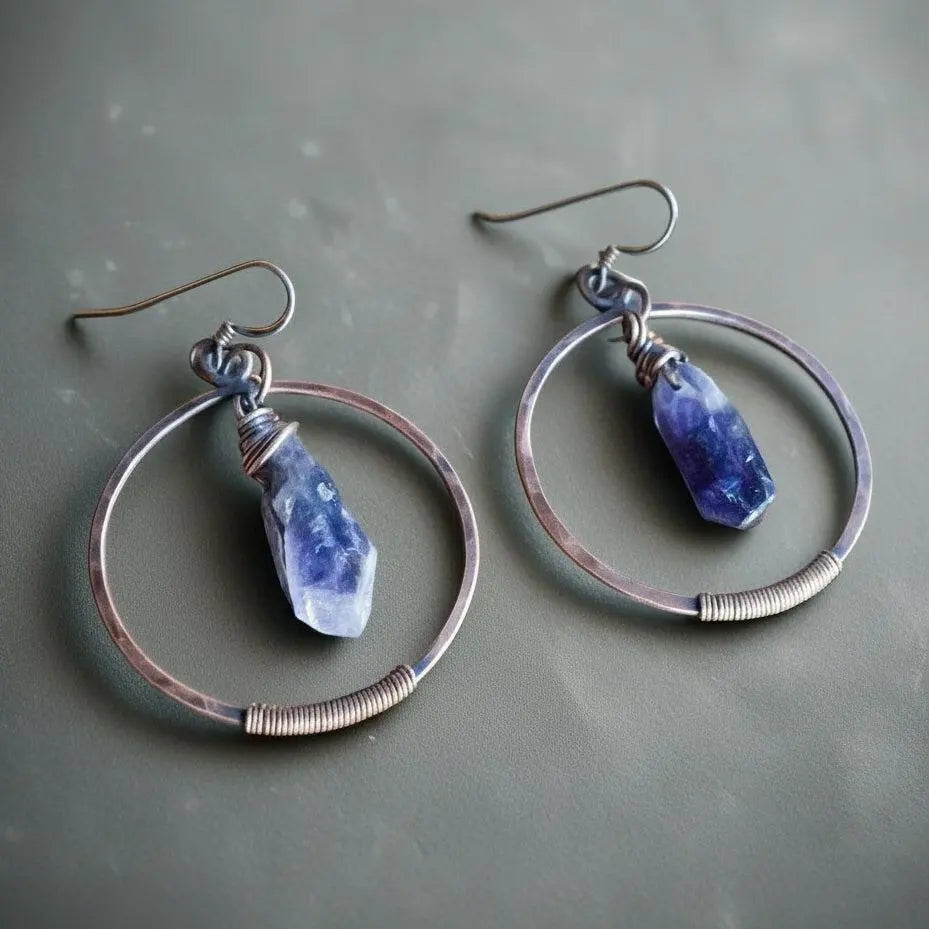 Santa Fe Marketplace Raw Amethyst Hoops in Copper – Boho | Handmade by Blackbird & Sage Product Image: Raw Amethyst Hoops in Copper – Boho | Handmade by Blackbird & Sage