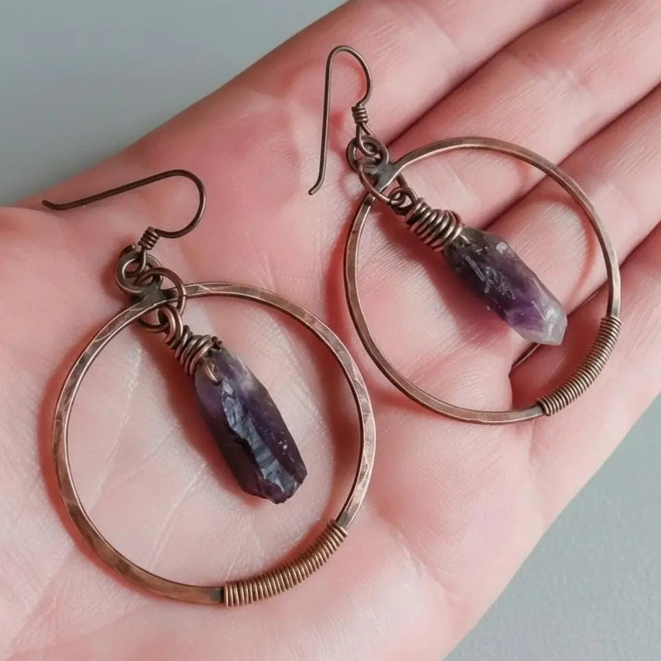 Santa Fe Marketplace Raw Amethyst Hoops in Copper – Boho | Handmade by Blackbird & Sage Product Image: Raw Amethyst Hoops in Copper – Boho | Handmade by Blackbird & Sage