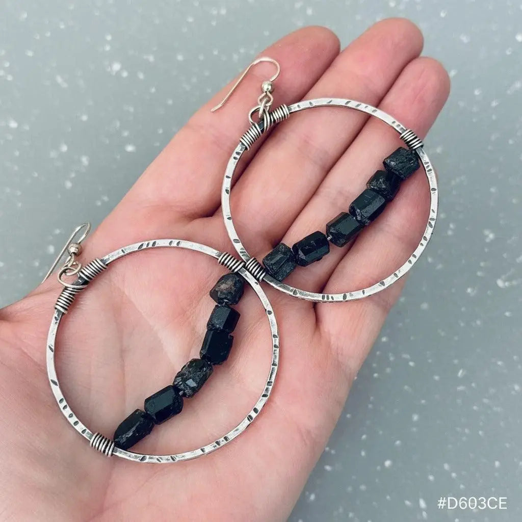 Santa Fe Marketplace Silver Hoop Black Tourmaline – Bohemian | Handmade by Blackbird & Sage Product Image: Silver Hoop Black Tourmaline – Bohemian | Handmade by Blackbird & Sage