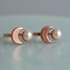 Product Image: Crescent Moon Pearl Ring — Handcrafted Copper Crystal Jewelry for Calm