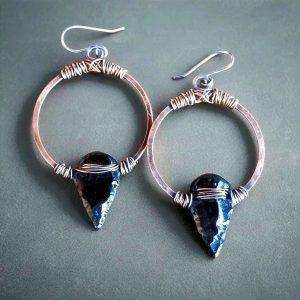 Product Image: Obsidian Arrowhead Hoop Earrings — Handcrafted Copper Talisman Jewelry