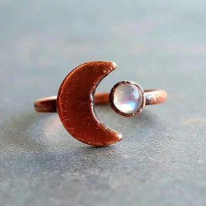 Product Image: Crescent Moon Moonstone Ring — Handcrafted Copper Talisman for Intuition & Lunar Magic