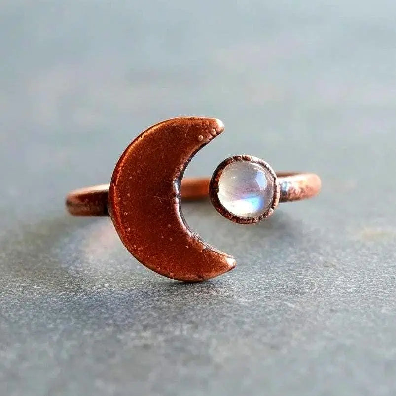 Santa Fe Marketplace Crescent Moon Moonstone Ring — Handcrafted Copper Talisman for Intuition & Lunar Magic Product Image: Crescent Moon Moonstone Ring — Handcrafted Copper Talisman for Intuition & Lunar Magic