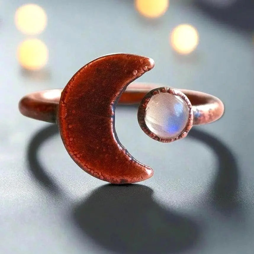 Santa Fe Marketplace Crescent Moon Moonstone Ring — Handcrafted Copper Talisman for Intuition & Lunar Magic Product Image: Crescent Moon Moonstone Ring — Handcrafted Copper Talisman for Intuition & Lunar Magic