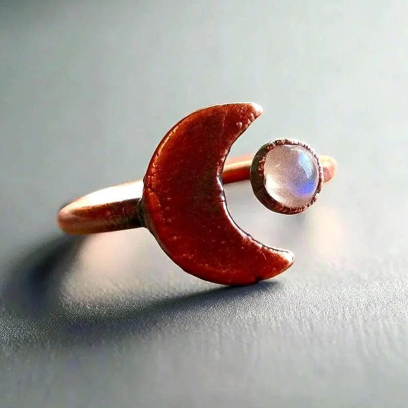 Santa Fe Marketplace Crescent Moon Moonstone Ring — Handcrafted Copper Talisman for Intuition & Lunar Magic Product Image: Crescent Moon Moonstone Ring — Handcrafted Copper Talisman for Intuition & Lunar Magic
