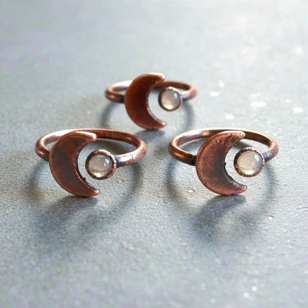 Santa Fe Marketplace Crescent Moon Moonstone Ring — Handcrafted Copper Talisman for Intuition & Lunar Magic Product Image: Crescent Moon Moonstone Ring — Handcrafted Copper Talisman for Intuition & Lunar Magic