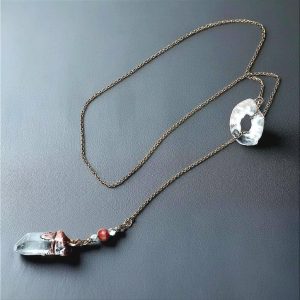 Product Image: Raw Quartz Lariat – Handcrafted Copper & Brass Talisman for Grounding