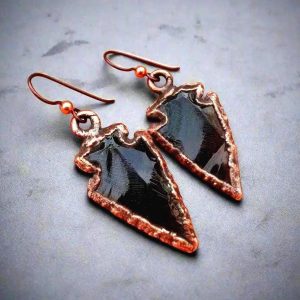 Product Image: Obsidian Arrowhead Earrings – Electroformed Copper Jewelry