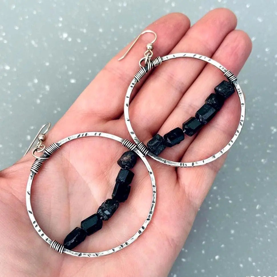 Santa Fe Marketplace Silver Hoop Black Tourmaline – Bohemian | Handmade by Blackbird & Sage Product Image: Silver Hoop Black Tourmaline – Bohemian | Handmade by Blackbird & Sage