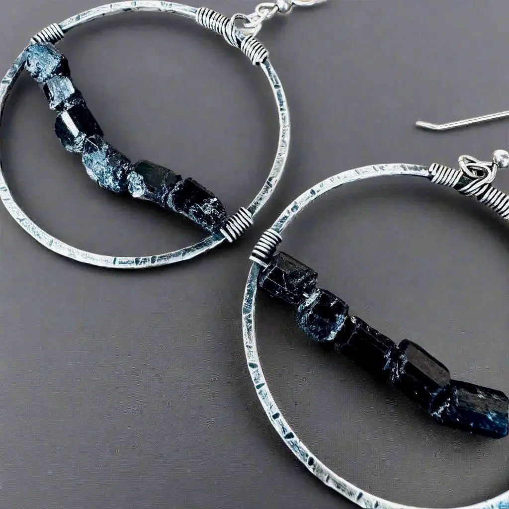 Santa Fe Marketplace Silver Hoop Black Tourmaline – Bohemian | Handmade by Blackbird & Sage Product Image: Silver Hoop Black Tourmaline – Bohemian | Handmade by Blackbird & Sage