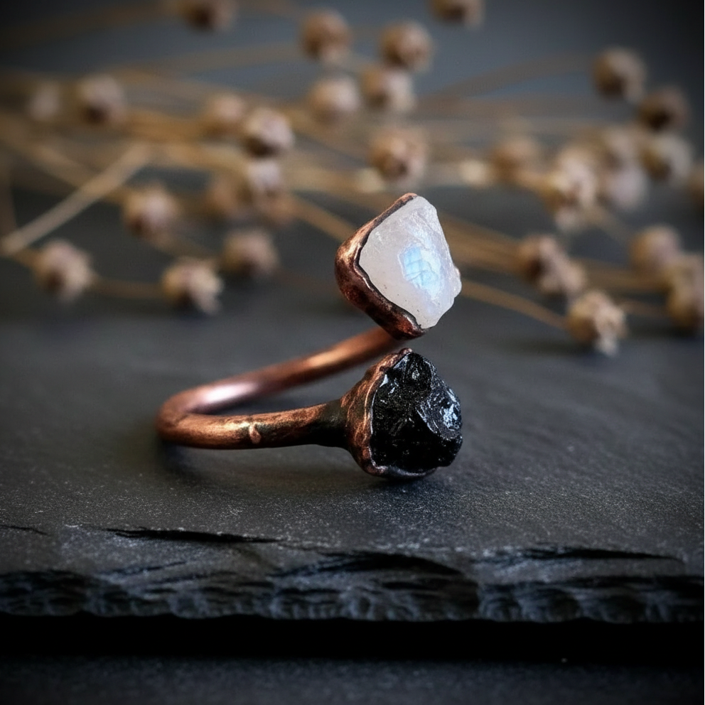 Santa Fe Marketplace Moonstone and Black Tourmaline Ring | Electroformed Copper | Made to Order Product Image: Moonstone and Black Tourmaline Ring | Electroformed Copper | Made to Order