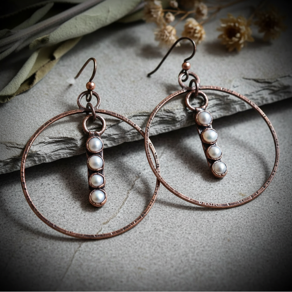 Santa Fe Marketplace Freshwater Pearl Hoop Earrings | Electroformed Pearl Row | Handcrafted Copper & Bronze | Made to Order Product Image: Freshwater Pearl Hoop Earrings | Electroformed Pearl Row | Handcrafted Copper & Bronze | Made to Order
