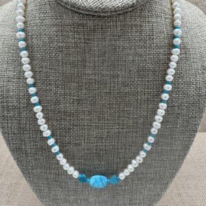 Product Image: Necklace: Turquoise 9mmX14mm oval 6mm Hearts & Cultured Pearls, Sterling Clasp 19″+2″ extender chain