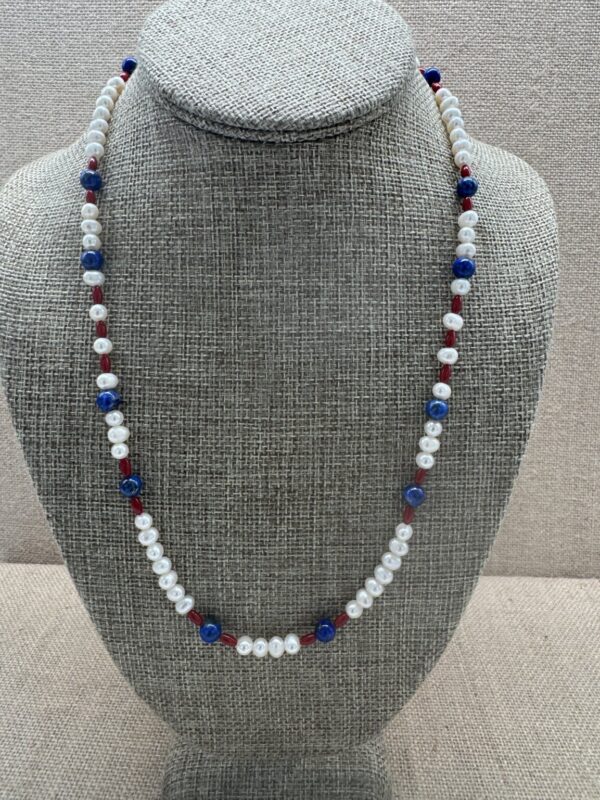 Product Image: Necklace: Red Bamboo Coral, White Cultured Pearls, Blue Lapis Sterling Clasp 21″+2″ extender chain