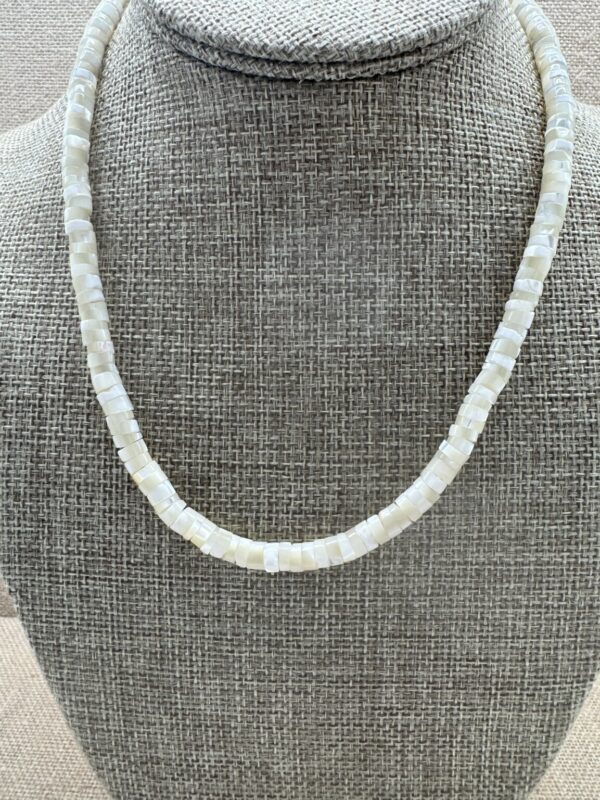 Product Image: Necklace: Mother of Pearl White Heishi 6mm Sterling Clasp 17″+2″ extender chain