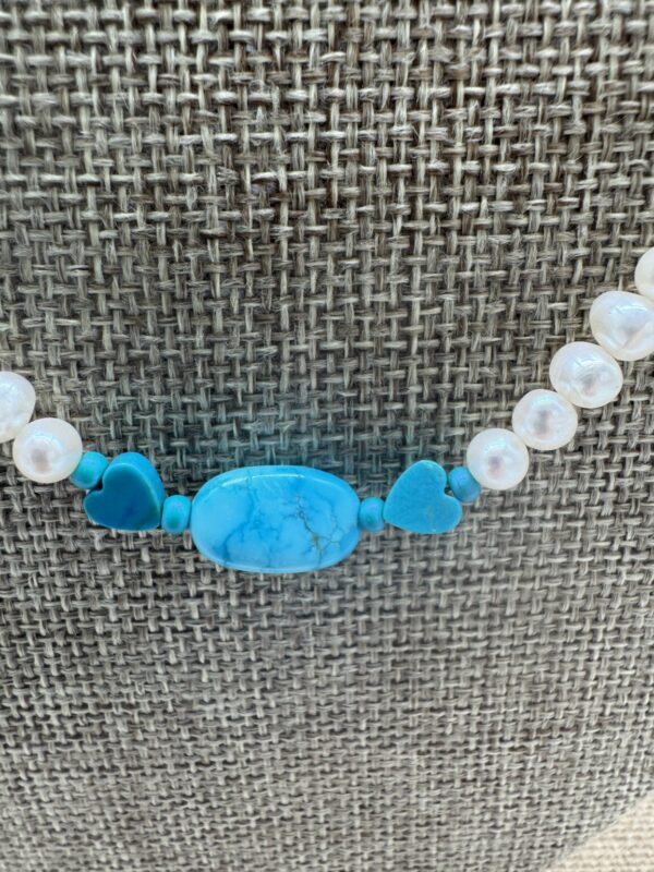 Product Image: Necklace: Turquoise 9mmX14mm oval 6mm Hearts & Cultured Pearls, Sterling Clasp 19″+2″ extender chain