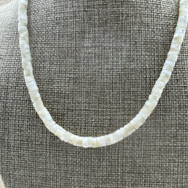 Product Image: Necklace: Mother of Pearl White Heishi 6mm Sterling Clasp 17″+2″ extender chain
