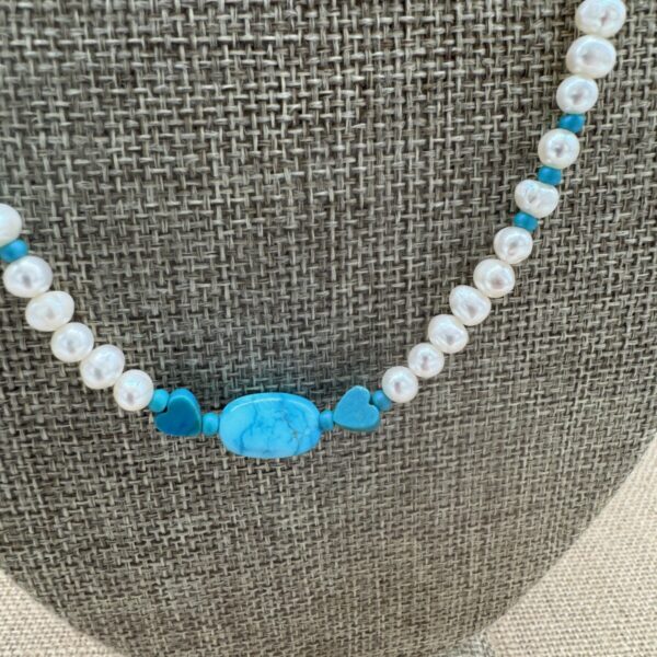 Product Image: Necklace: Turquoise 9mmX14mm oval 6mm Hearts & Cultured Pearls, Sterling Clasp 19″+2″ extender chain