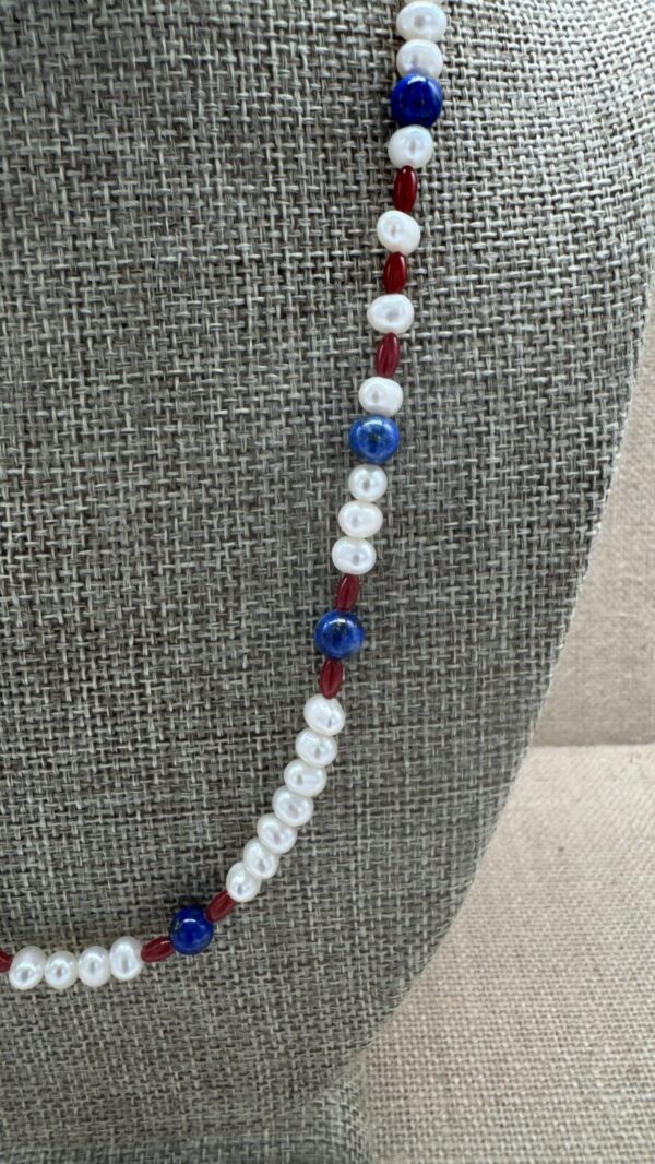 Product Image: Necklace: Red Bamboo Coral, White Cultured Pearls, Blue Lapis Sterling Clasp 21″+2″ extender chain