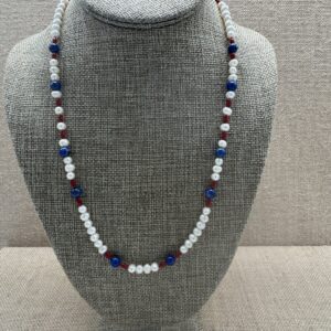 Product Image: Necklace: Red Bamboo Coral, White Cultured Pearls, Blue Lapis Sterling Clasp 21″+2″ extender chain