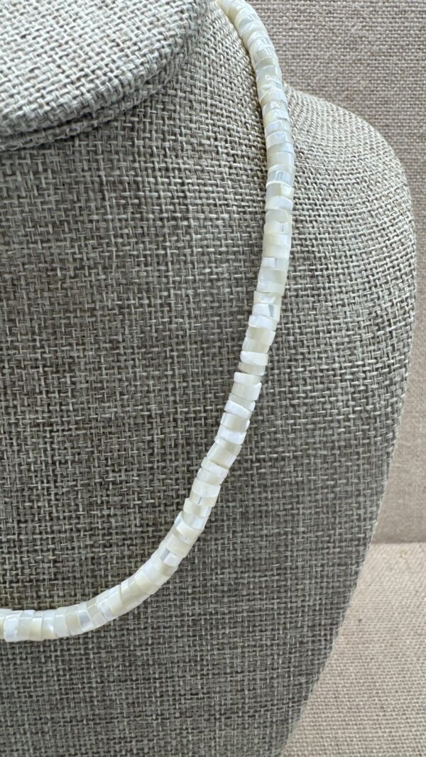 Product Image: Necklace: Mother of Pearl White Heishi 6mm Sterling Clasp 17″+2″ extender chain