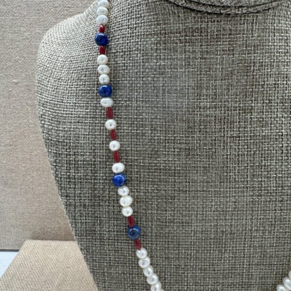 Product Image: Necklace: Red Bamboo Coral, White Cultured Pearls, Blue Lapis Sterling Clasp 21″+2″ extender chain