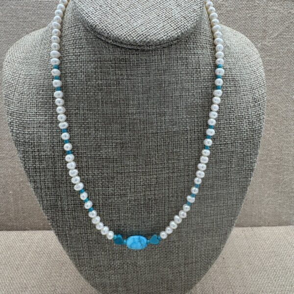 Product Image: Necklace: Turquoise 9mmX14mm oval 6mm Hearts & Cultured Pearls, Sterling Clasp 19″+2″ extender chain