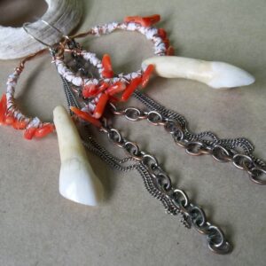 Product Image: Coral, Reclaimed Chain, Lace, Elk Teeth Earrings-Shoulder Dusters