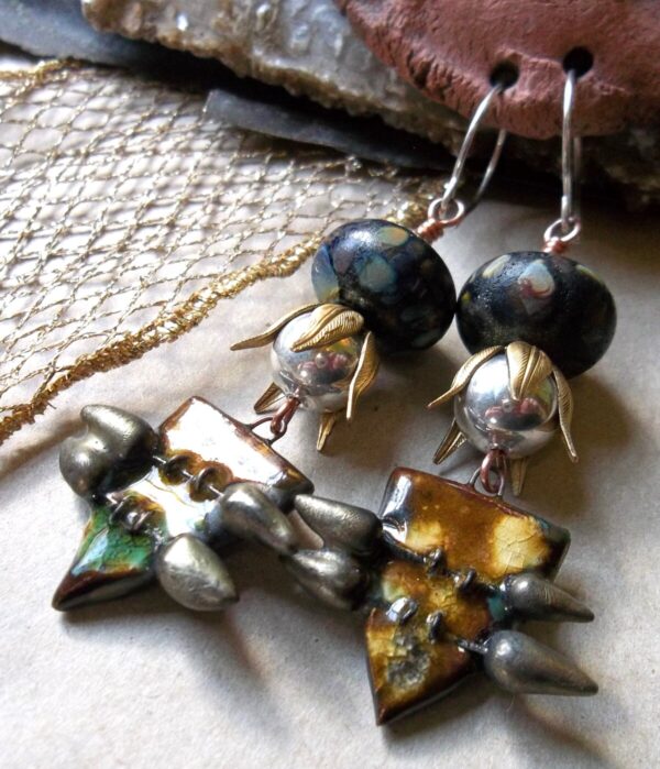 Product Image: Lamp Worked Glass and Ceramic Shield Earrings