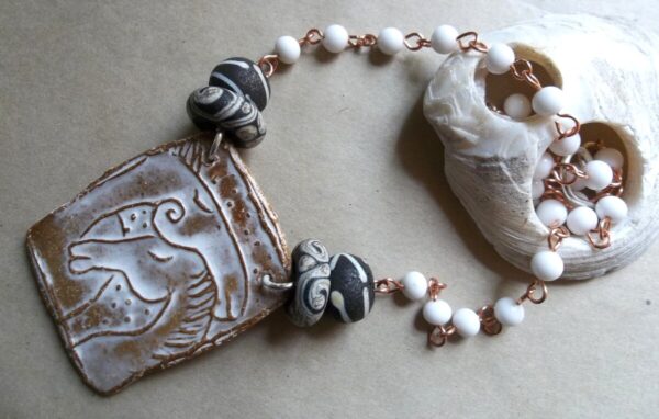 Product Image: One-of-a-kind Duo Horses Neckpiece Vintage and Contemporary Glass Beads with Ceramic Focal