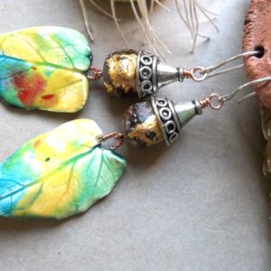 Product Image: Colorful Leaves Ceramic Buddha Bead Earrings Gold Foil