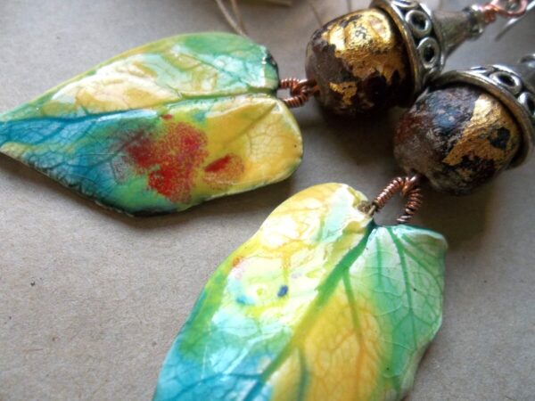 Product Image: Colorful Leaves Ceramic Buddha Bead Earrings Gold Foil