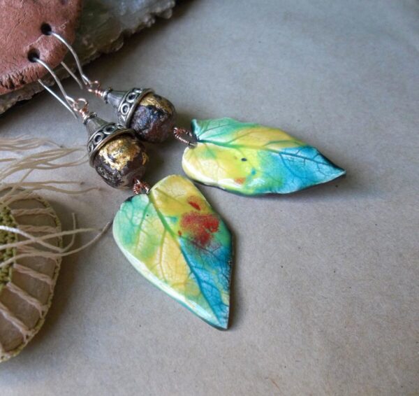 Product Image: Colorful Leaves Ceramic Buddha Bead Earrings Gold Foil